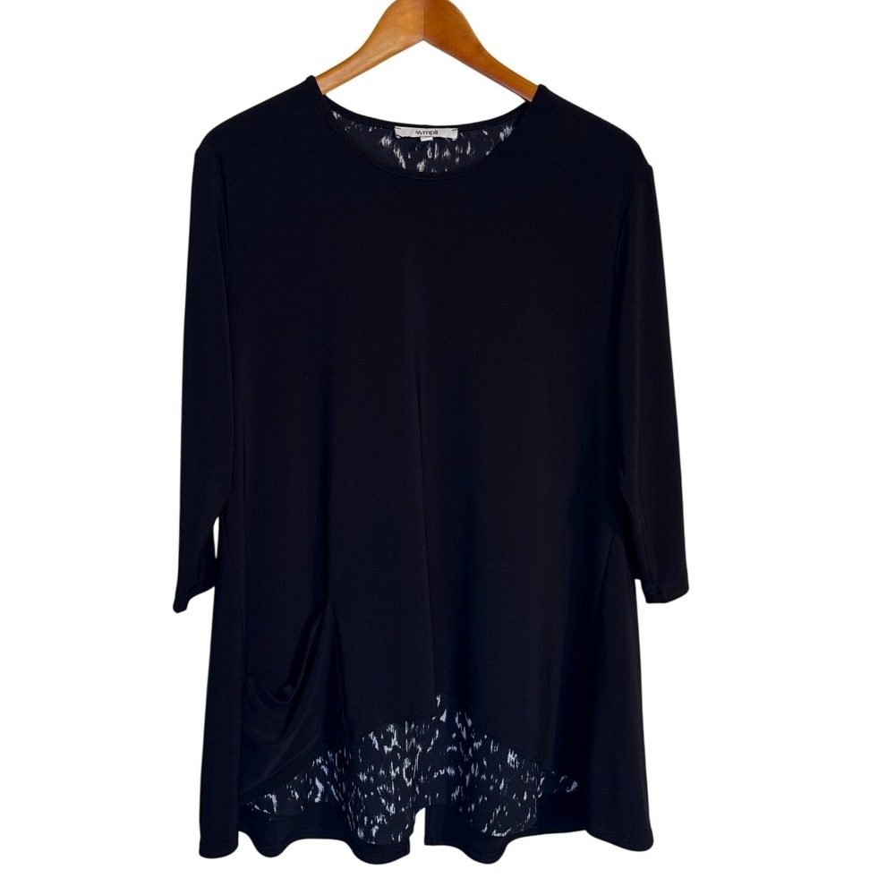 Sympli Top Women 14 Black‎ Satin Split Back Lagenlook Tunic Pocket Abstract